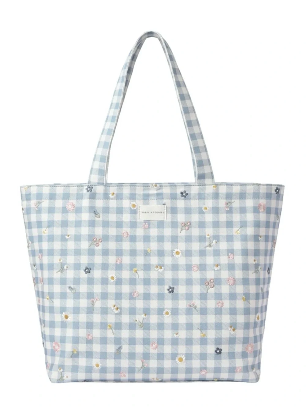 Poppy & Peonies Blue Gingham Tote - Picture 1 of 6